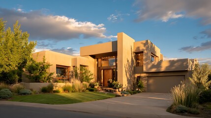 Modern home shines under golden light. Contemporary architecture features in real estate marketing, design, web.