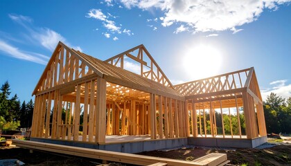 Obraz premium A wooden house under construction, sunlit against a partly cloudy sky. Framing beams are visible throughout