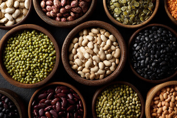 An assortment of dried beans and legumes in wooden bowls, viewed from above