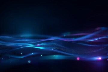 Ultra-detailed dark abstract tech background with glowing fluid lines and digital particles in blue and violet tones, futuristic concept for IT, SaaS, AI, innovation, data and network design