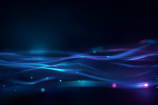 Ultra-detailed dark abstract tech background with glowing fluid lines and digital particles in blue and violet tones, futuristic concept for IT, SaaS, AI, innovation, data and network design