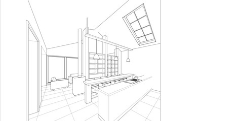 interior kitchen living room 3d illustration	
