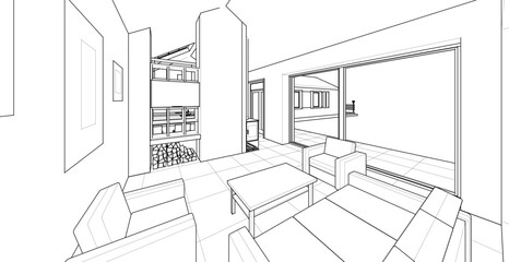 interior kitchen living room 3d illustration	
