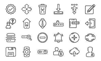 Minimal Line UI Icon Set for Web and Mobile Interface 24 Editable Vector Icons for App, Dashboard, UX Design, Settings, Cloud, Security, Upload, Notification, Home and More