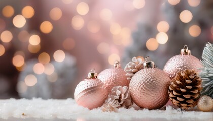 the sparkling elegance of christmas with rose gold ornaments and frosted pine cones in a winter wonderland bokeh