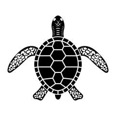 Tribal Sea Turtle Silhouette Vector Illustration. The design features a stylized shell with geometric segments, while the flippers and head are decorated with intricate tribal or abstract patterns.