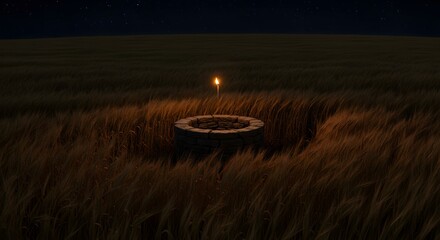 Well in a wheat field at night