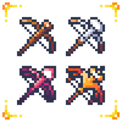 Set of pixel art crossbow icons. Progression of quality and level of crossbow for 2d arcade, rpg games. Basic, wooden, iron, steel, legendary, reinforced, mythical, epic arbalests. 16x16 pixels.