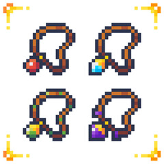 Set of pixel art amulets icons. amulets pendants with different stones, crystals, gemstones. Red, green, blue and purple gemstones. 16x16 pixels.
