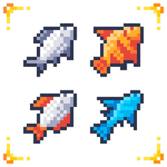Set of pixel art fish icons. Sea fish for 2d arcade, rpg games. Herring, perch, rudd, sardine, cod, tuna, halibut, salmon, mackerel. 16x16 pixels.