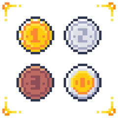 Fototapeta premium Set of pixel art medals: gold, silver and bronze awards with ribbons for game interfaces and design