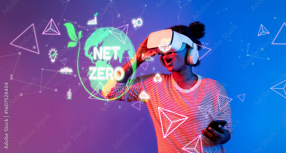 Poster a vibrant visual of an individual engaging in virtual reality, focusing on themes of net zero carbon