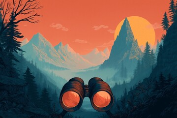 Scenic Binoculars View: Sunset Mountains and Misty Peaks in Vibrant Orange Hues for a Cinematic Wilderness Adventure