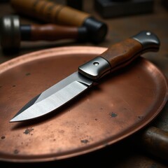 Tactical Knife on Textured Copper - High-Resolution Product Photography
