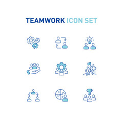 Teamwork and collaboration linear icon set. Includes vector outline style icons of business team, communication, leadership, partnership, goal achievement and brainstorming. Editable stroke.
