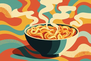 Steaming Noodles Abstract Art Illustration: Decorative Bowl with Vibrant Swirls and Earthy Colors in Culinary Delight and Comfort Food Trends