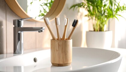 Color coded toothbrushes in a cup on bathroom sink illuminated by morning light