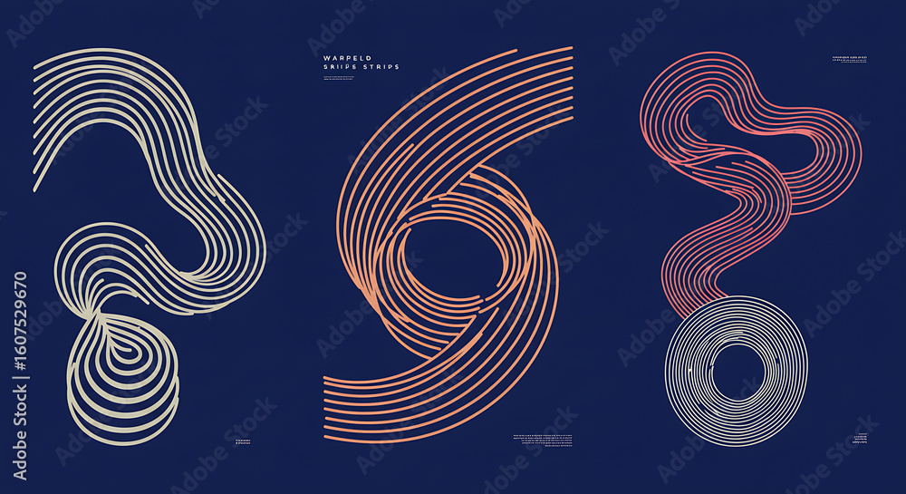 Poster three abstract designs with wavy lines and circular patterns on a blue background