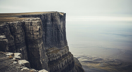 Majestic sheer cliff face plunging into a vast, misty landscape below
