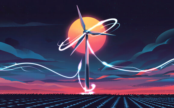 Dramatic wind turbine art with luminous energy trails against a vibrant sunset, signaling clean power and sustainable technology solutions
