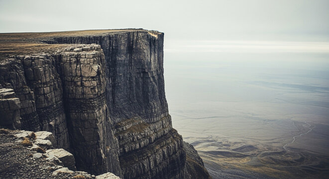 Majestic sheer cliff face plunging into a vast, misty landscape below