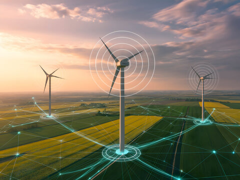 Sustainable energy solutions with wind turbines connected by advanced network technology for clean power generation and a greener future