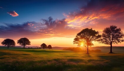 serene landscape with trees under colorful sunset sky at dusk