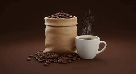 A burlap sack overflowing with coffee beans sits next to a steaming white mug of black coffee on a brown surface.