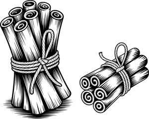 Black and white silhouette of cinnamon stick bundle with twine wrap, curled edges, spiral rolls, and star anise accents in tribal line art style, ideal for fall spice vector designs