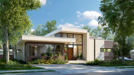 Fototapeta premium Contemporary house exterior exudes modern elegance. Features clean lines, lush landscaping. Ideal for architecture blogs, real estate marketing, design projects.