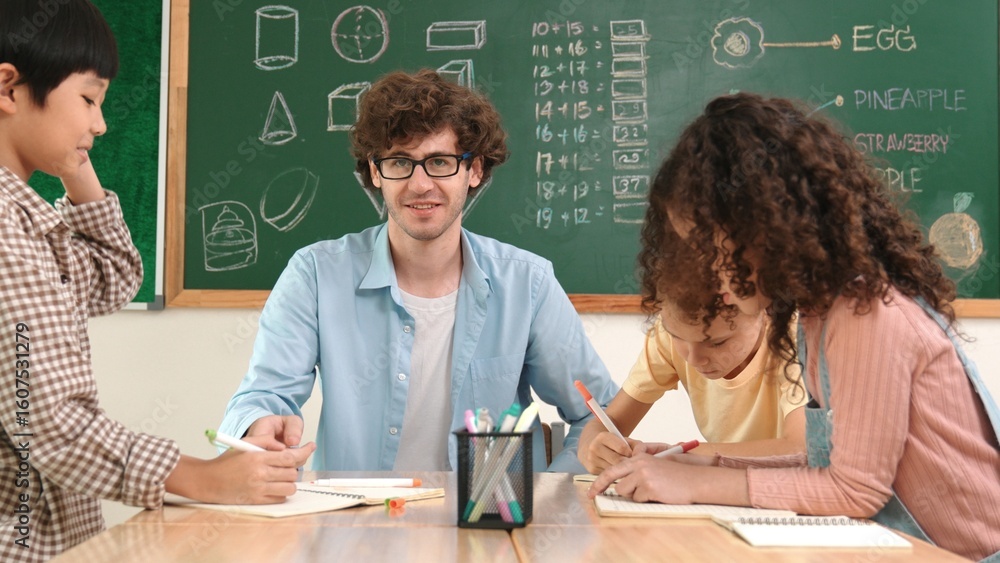 Aufkleber smart teacher explain idea while diverse children drawing mind map while group of diverse student wo