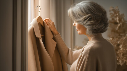 Elegant middle-aged woman brushing coat while standing by window