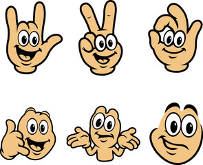 Fototapeta premium Hand Gestures Expressions: A vibrant illustration showcases six cartoon hands displaying diverse hand gestures, each imbued with distinct expressions that are filled with positive attitude.