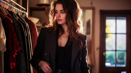 Stylish woman wearing blazer while browsing clothes in cozy room  