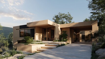 Fototapeta premium Modern home architecture shines, merging with nature. Beige exterior, clear sky, design concept. Ideal for real estate marketing, editorial, web use.