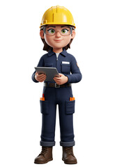 Cartoon woman engineer in work uniform and hard hat holding a tablet.