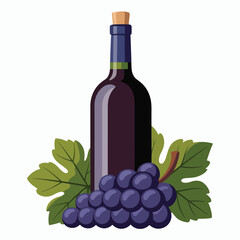 Bottle of red wine with grapes and leaves