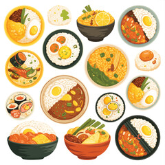 Variety of delicious asian food dishes presented in overhead view