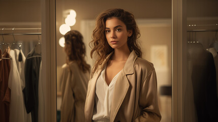 Young woman posing confidently in a stylish coat in fitting room  