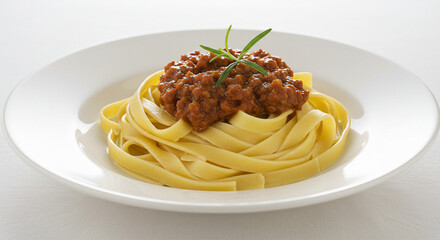 A nest of fresh pappardelle pasta topped with a thick, rich wild boar ragu and a sprig of rosemary. Served on a white ceramic plate with a white background, emphasizing the handmade texture