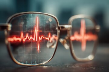 Glasses with a heartbeat monitor display reflect modern health technology in a clinical environment