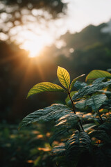 capture enchanting beauty of dense malaysian rainforest during golden hour where sun casts warm golden hue creating