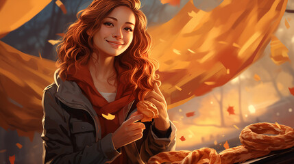 Young woman smiling while holding a pretzel near a tent in autumn  