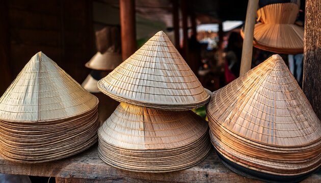 traditional conical hats made from natural materials and textiles - Powered by Adobe