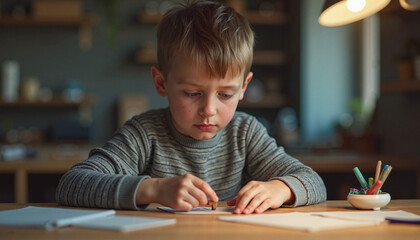 Young boy concentrating while drawing at desk with colored pencils  