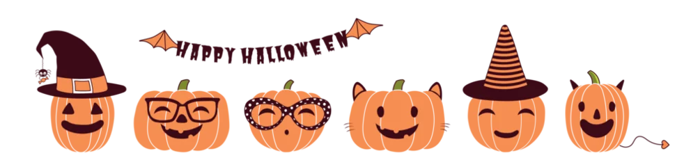  Halloween pumpkins, jack o lanterns with carved faces, isolated on transparent. Hand drawn flat vector illustration. Funny cartoon characters. Holiday banner, design elements collection, clip art set © Maria Skrigan