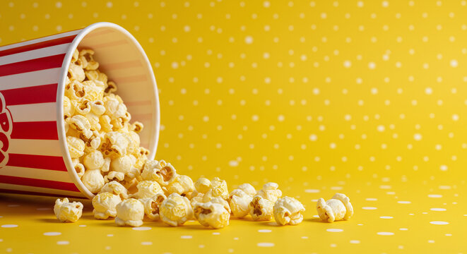 ''Popcorn spilling from a red and white striped bucket onto a vibrant yellow polka dot background, creating a playful and appet...