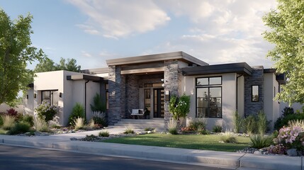 Modern home exterior showcases stone facade. Architectural rendering displays home, landscaping, sky. Ideal for real estate, design marketing, editorial use.