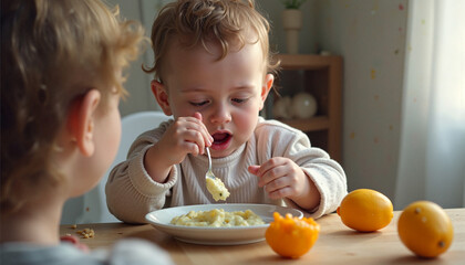 Baby eating with a spoon while sitting at the table with toddler  