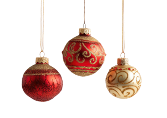 Three Christmas ornaments, red and gold, hanging (1)